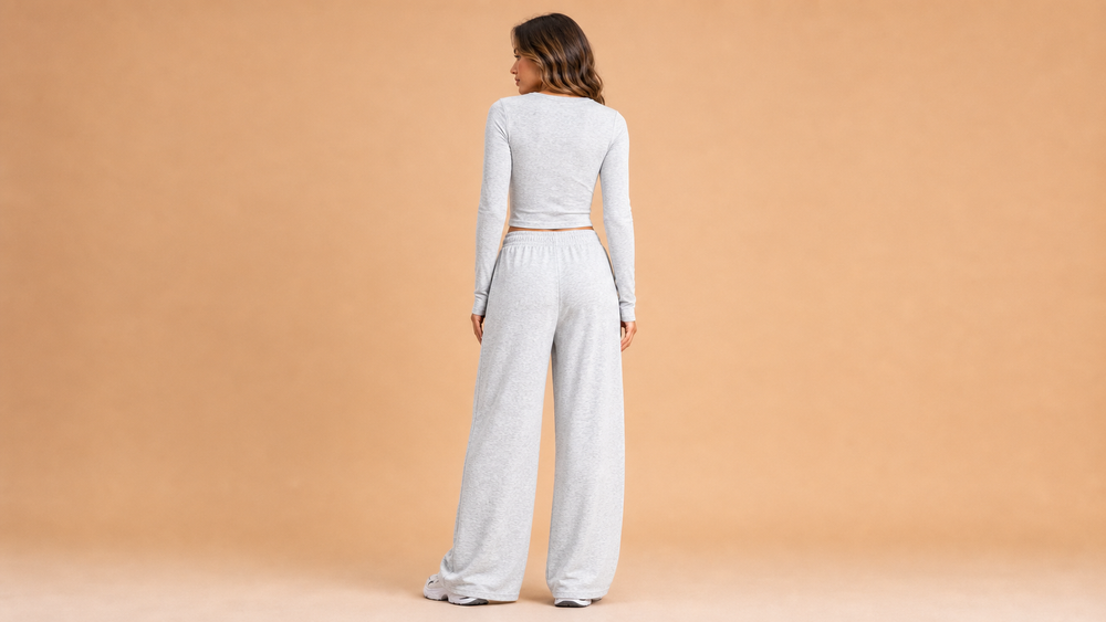 Light Grey Long Sleeve Crop Top Wide Leg Pants Set Back View