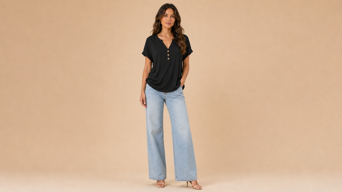 Black V-Neck Button Short Sleeve Top Front View
