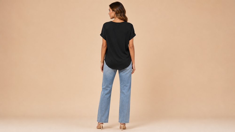 Black V-Neck Button Short Sleeve Top Back View