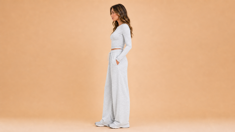 Light Grey Long Sleeve Crop Top Wide Leg Pants Set Side View