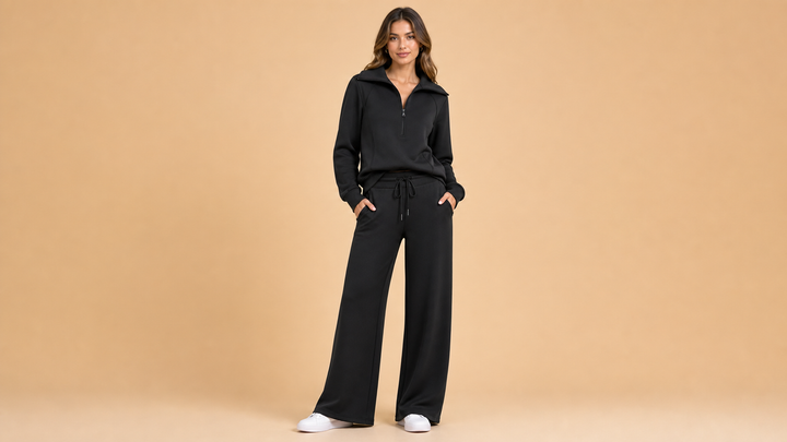 Black Half Zip Top Wide Leg Pants Set Front View