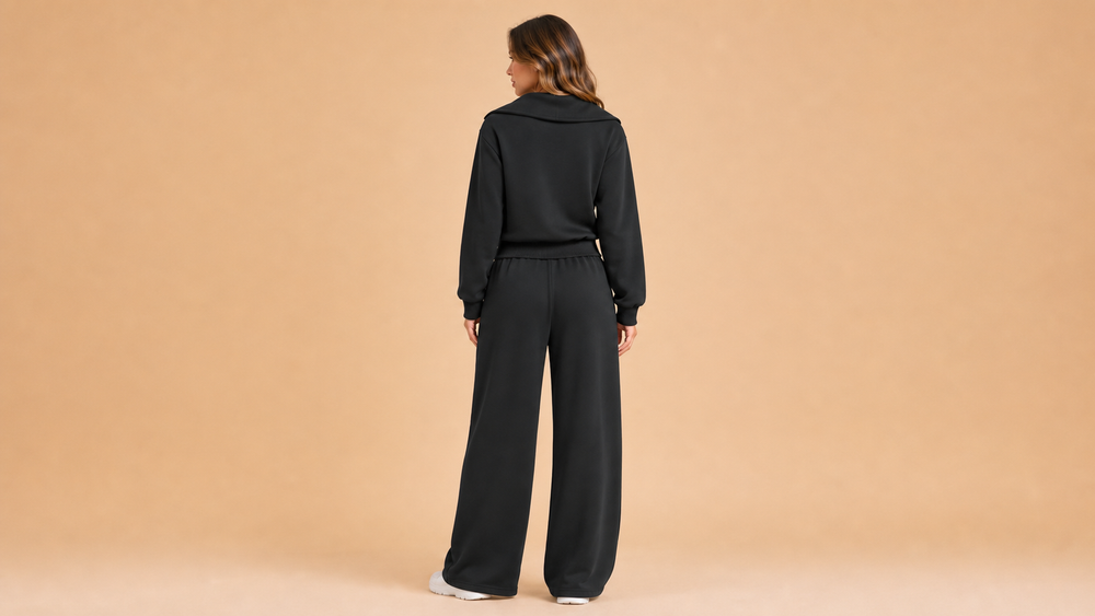 Black Half Zip Top Wide Leg Pants Set Back View