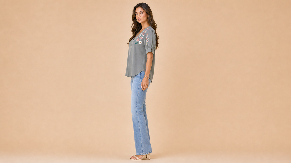Grey Green V-Neck Floral Short Sleeve Shirt Side View