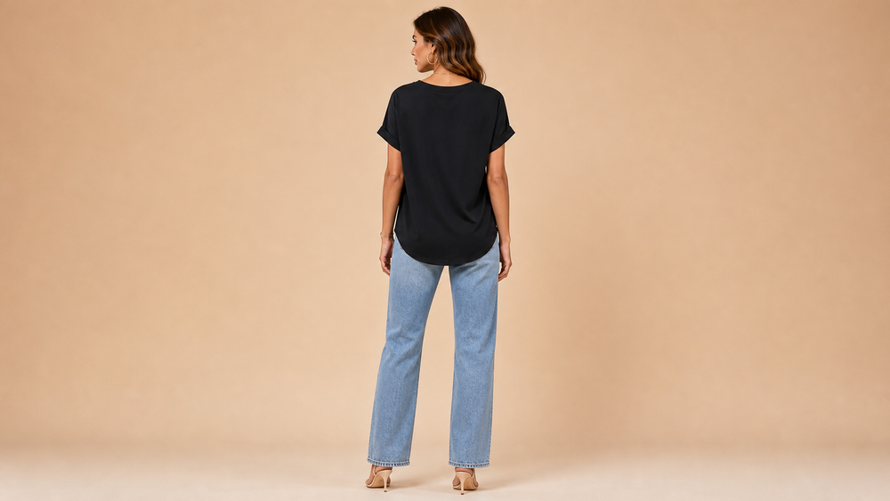 Black V-Neck Button Short Sleeve Top Style 002 Back View