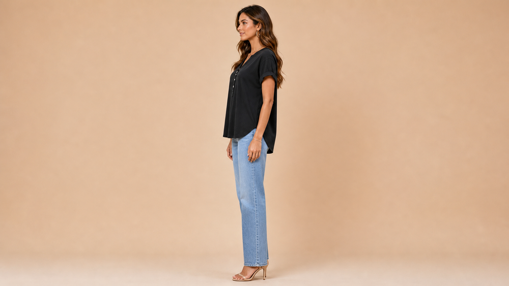 Black V-Neck Button Short Sleeve Top Style 002 Side View