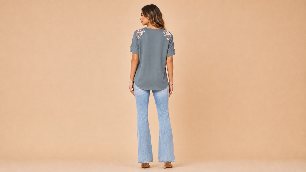 Grey Green V-Neck Floral Short Sleeve Shirt Back View