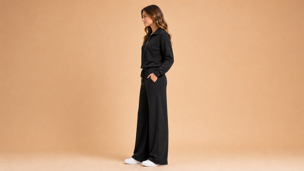 Black Half Zip Top Wide Leg Pants Set Side View