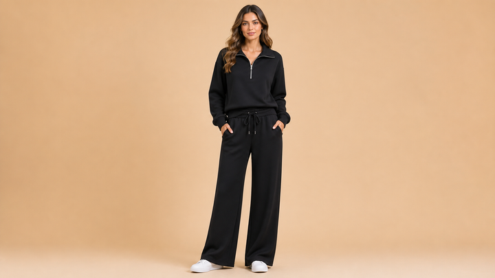 Black Collared Half Zip Wide Leg Pants Set Front View