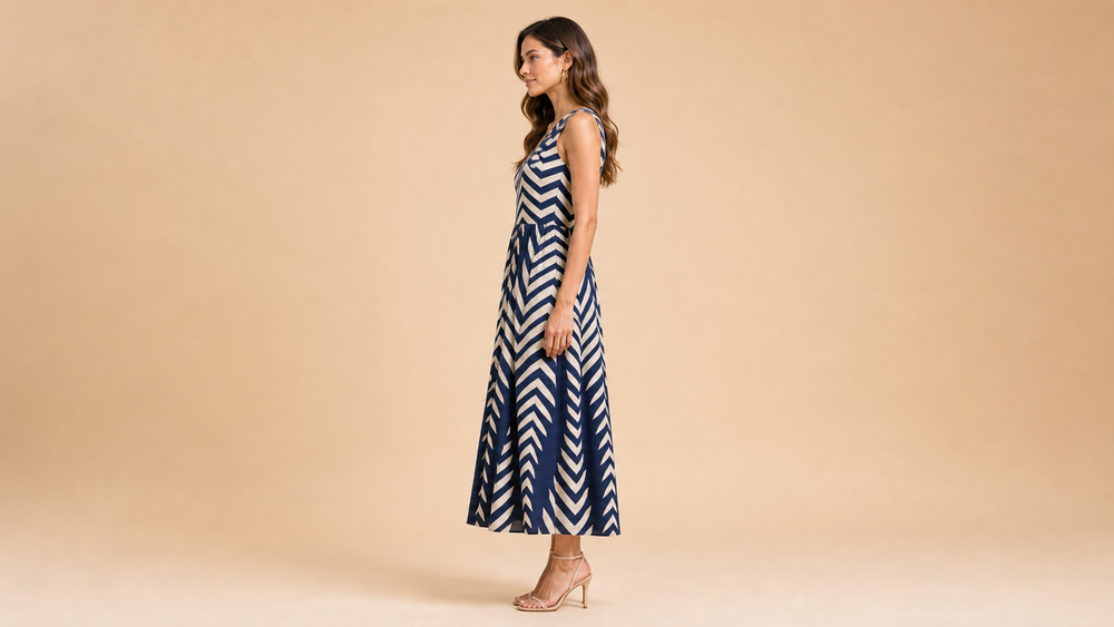 Navy Cream Geometric Sleeveless Midi Dress Side View