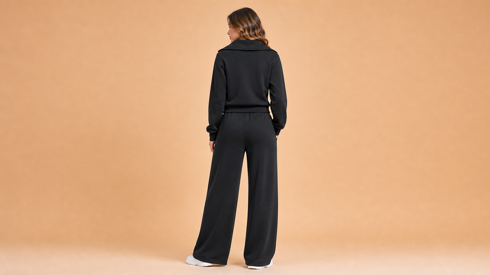 Black Collared Half Zip Wide Leg Pants Set Back View