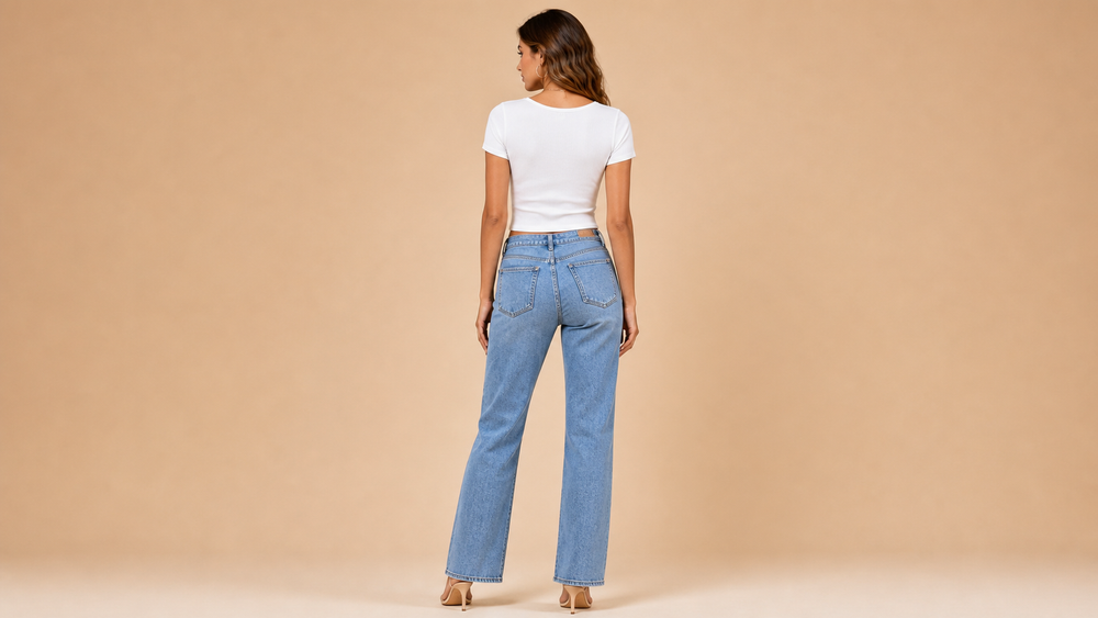 White Square Round Neck Ribbed Short Sleeve T-Shirt Back View