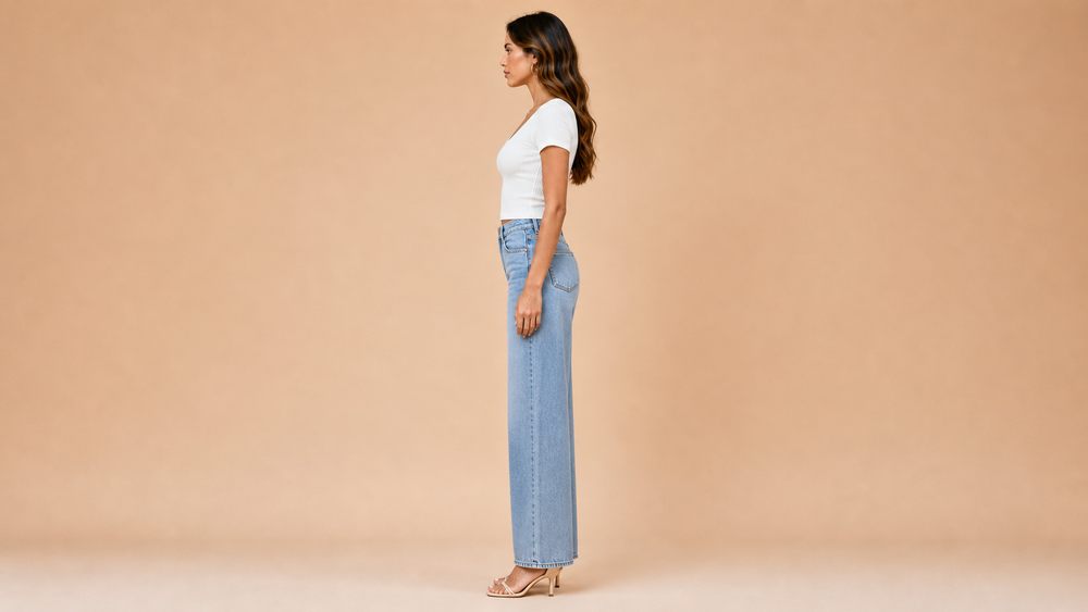 White Square Round Neck Ribbed Short Sleeve T-Shirt Side View