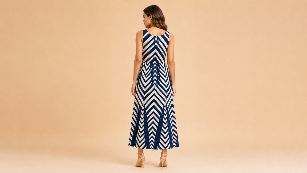 Navy Cream Geometric Sleeveless Midi Dress Back View
