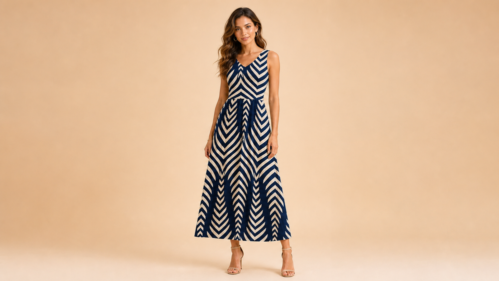 Navy Cream Geometric Sleeveless Midi Dress Front View