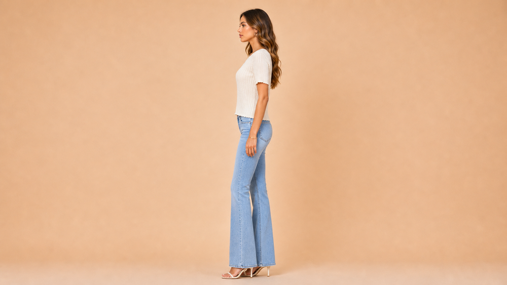 Cream Ribbed Knit Short Sleeve Shirt Side View