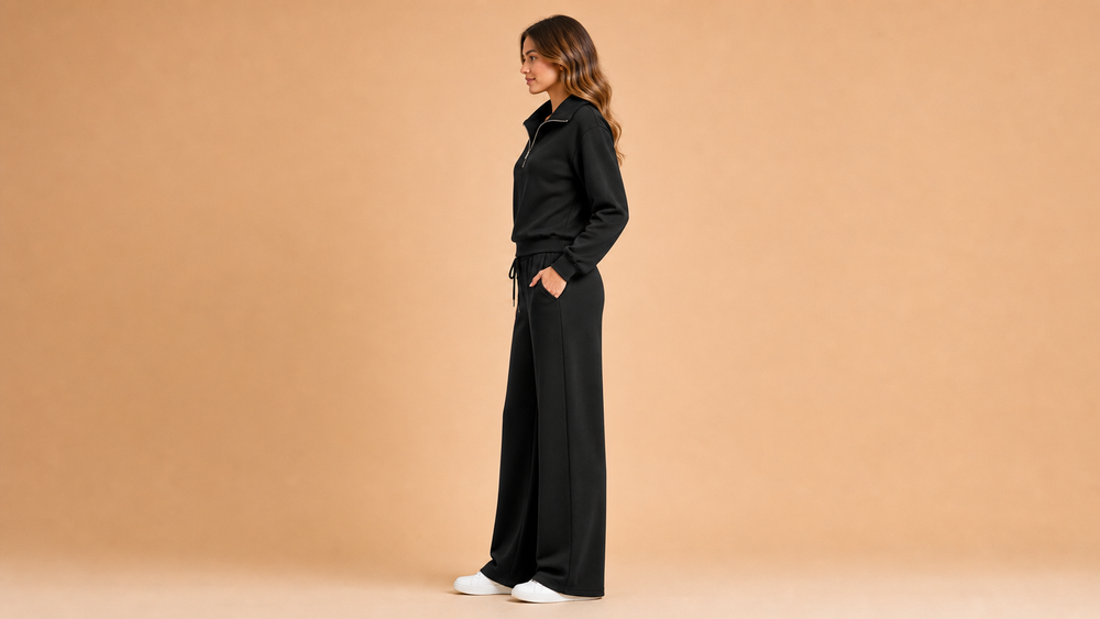 Black Collared Half Zip Wide Leg Pants Set Side View