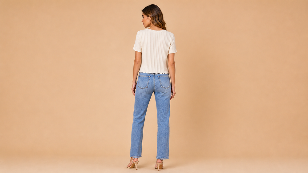 Cream Ribbed Knit Short Sleeve Shirt Back View