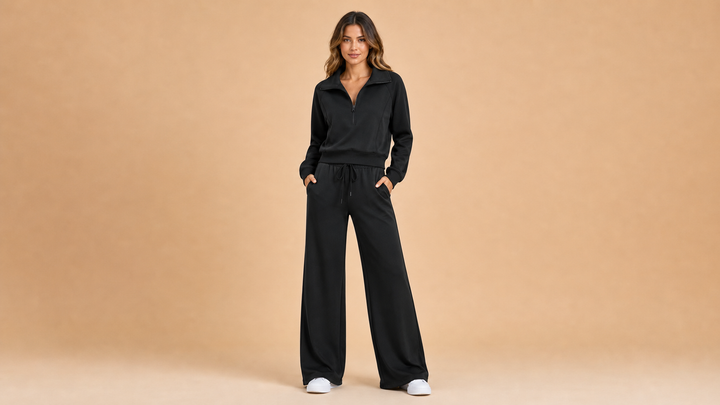 Black Half Zip Casual Wide Leg Pants Set Front View