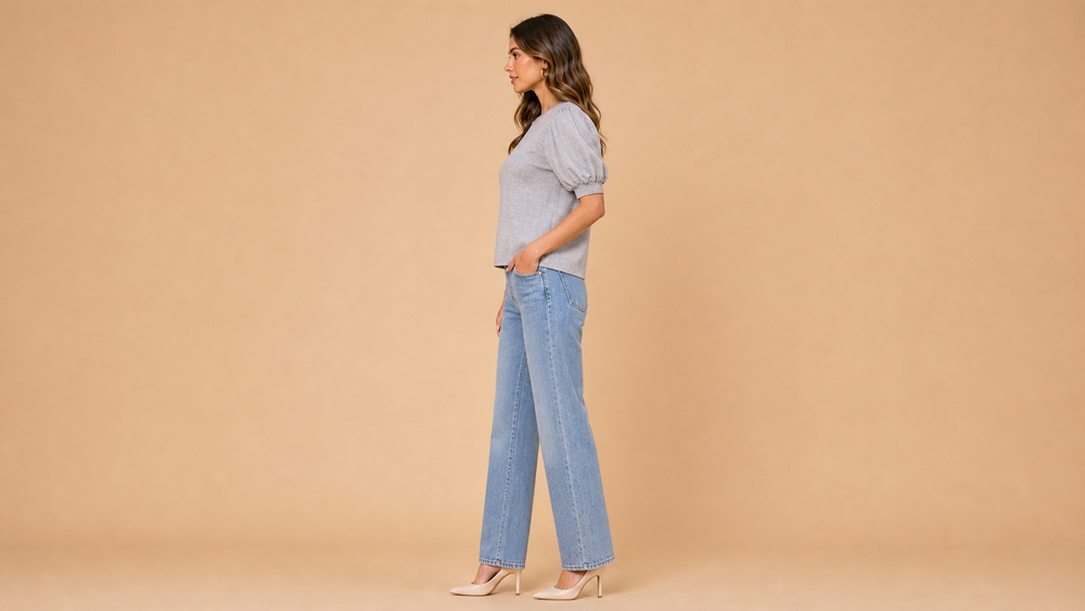 Grey Puff Sleeve Knit Shirt Side View