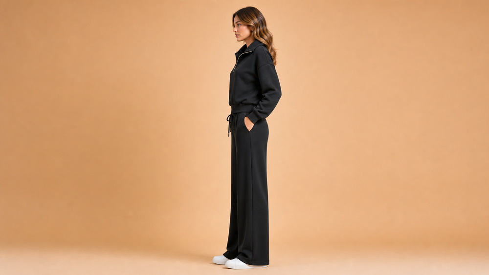 Black Half Zip Casual Wide Leg Pants Set Side View