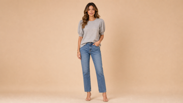 Grey Puff Sleeve Knit Shirt Front View