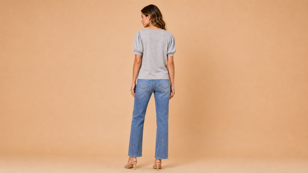 Grey Puff Sleeve Knit Shirt Back View