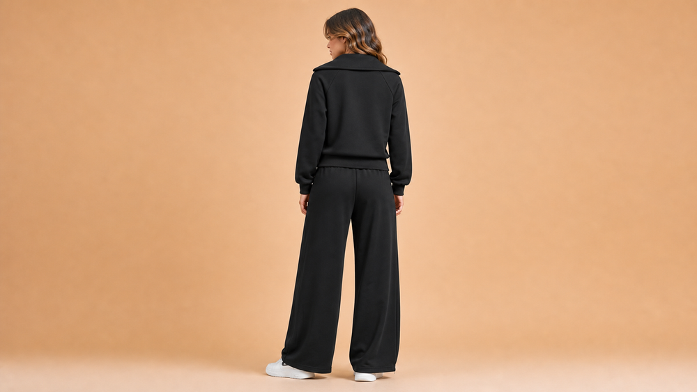 Black Half Zip Casual Wide Leg Pants Set Back View