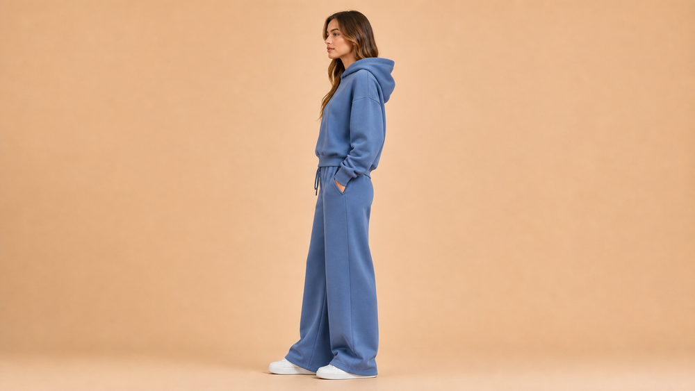 Blue Hoodie Wide Leg Pants Set Side View