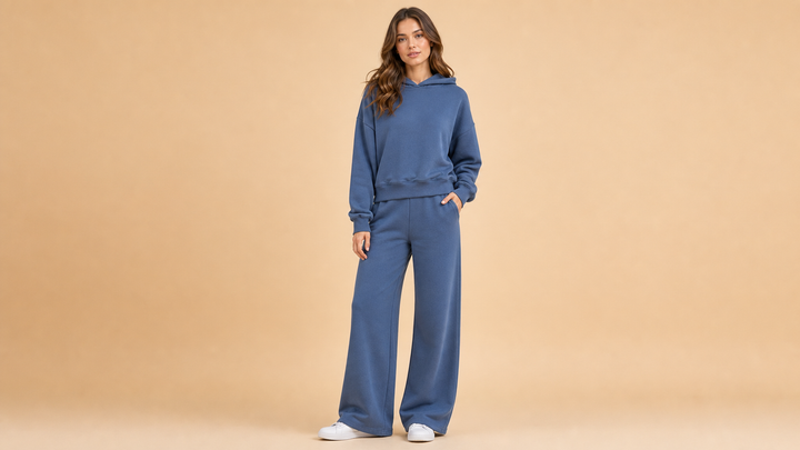 Blue Hoodie Wide Leg Pants Set Front View