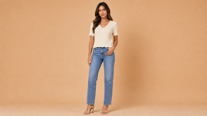 Cream V-Neck Ribbed Knit Short Sleeve Shirt Front View