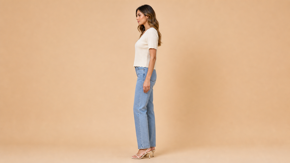 Cream V-Neck Ribbed Knit Short Sleeve Shirt Side View