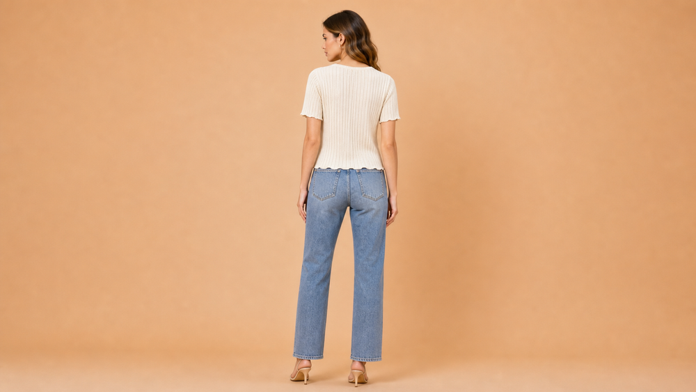 Cream V-Neck Ribbed Knit Short Sleeve Shirt Back View