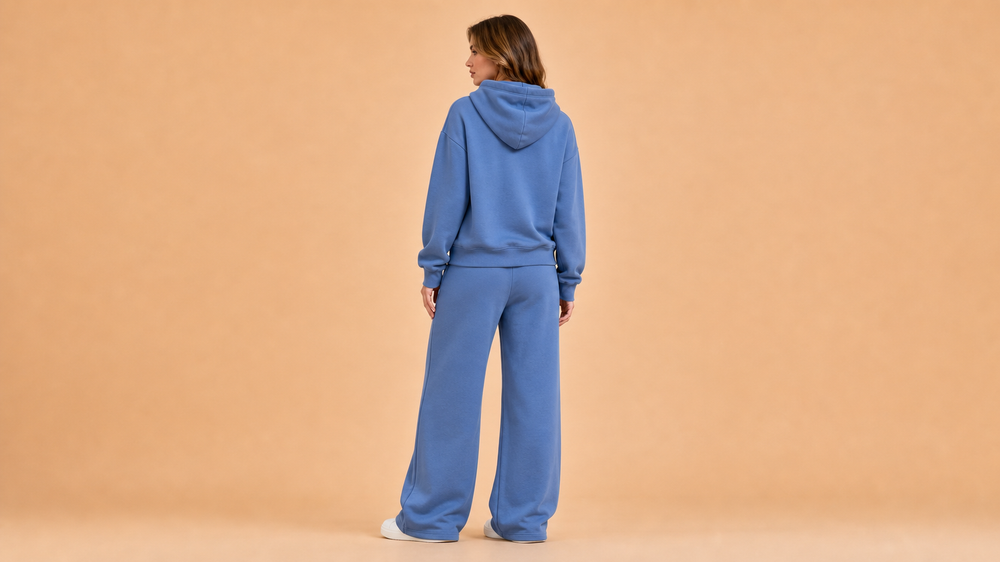 Blue Hoodie Wide Leg Pants Set Back View