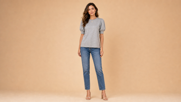 Grey Round Neck Puff Sleeve Knit Top Front View