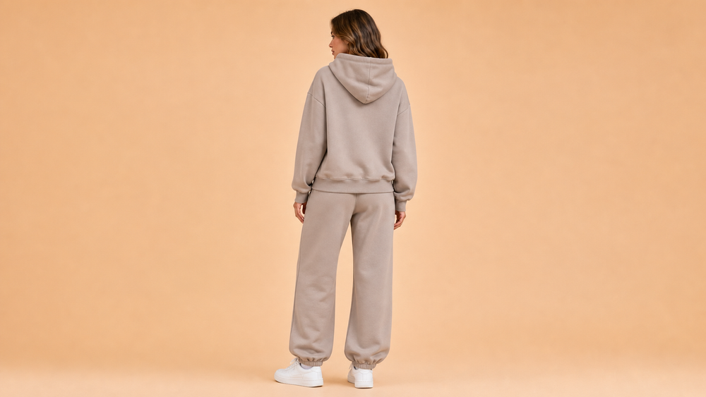 Beige Grey Hoodie Jogger Pants Set Back View