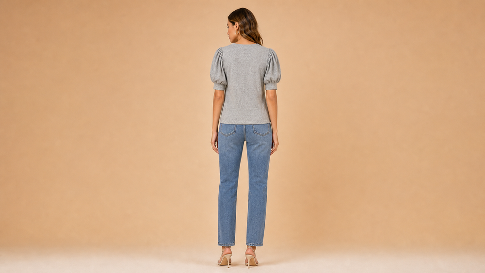 Grey Round Neck Puff Sleeve Knit Top Back View