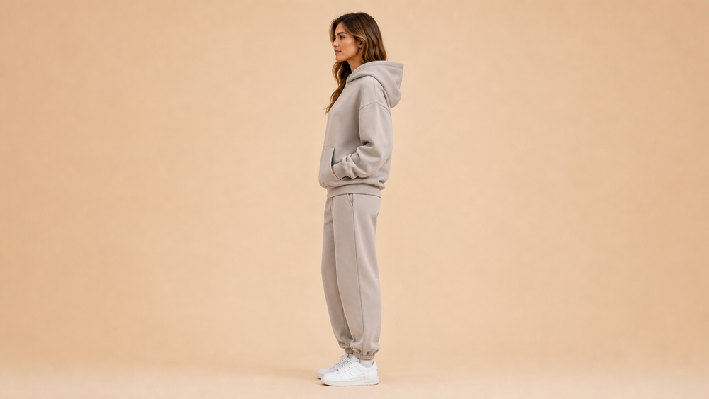 Beige Grey Hoodie Jogger Pants Set Side View