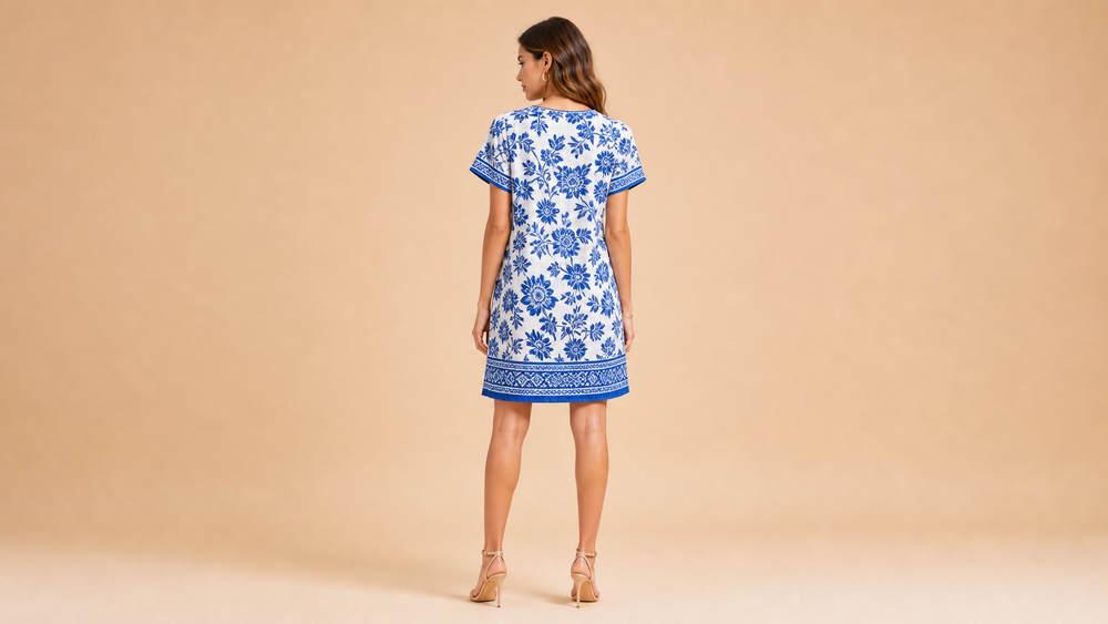 White Blue Floral V-Neck Short Sleeve Mini Dress Back View