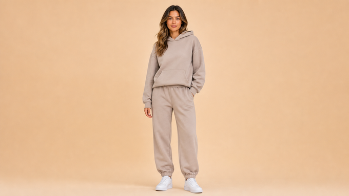 Beige Grey Hoodie Jogger Pants Set Front View