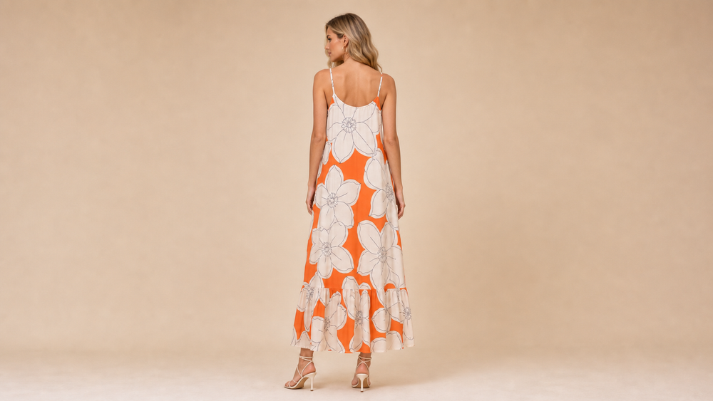 Orange White Floral Cami Maxi Dress Back View