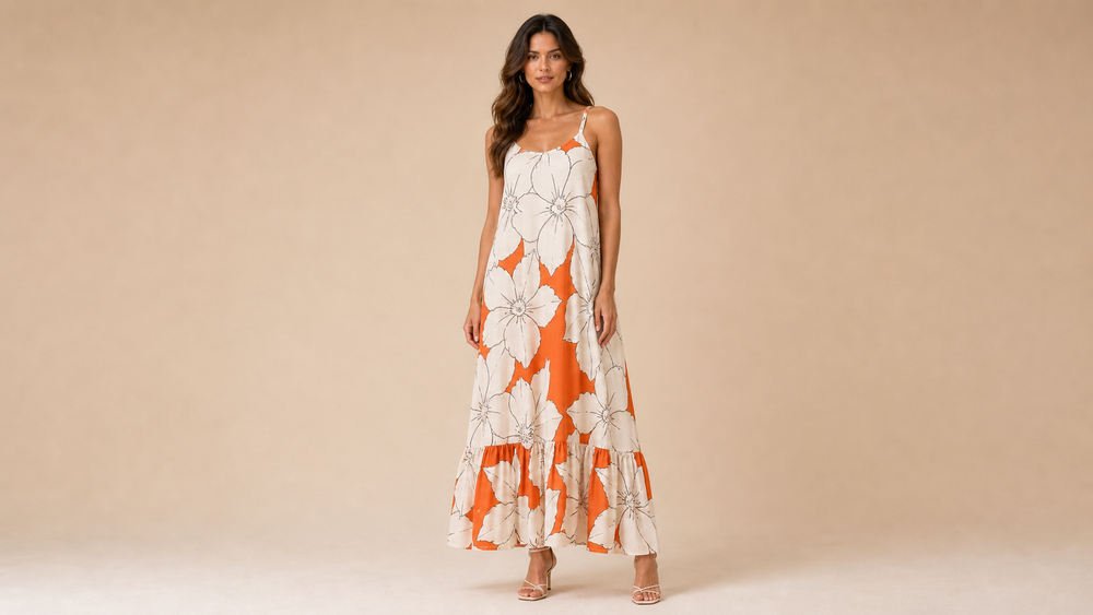 Orange White Floral Cami Maxi Dress Front View
