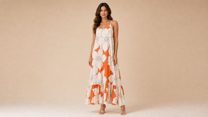 Orange White Floral Cami Maxi Dress Front View