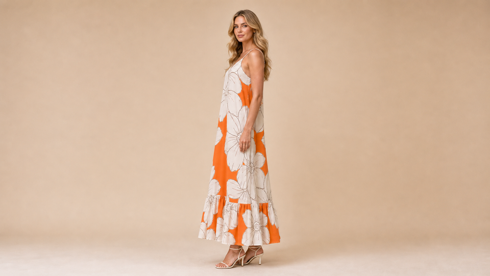 Orange White Floral Cami Maxi Dress Side View