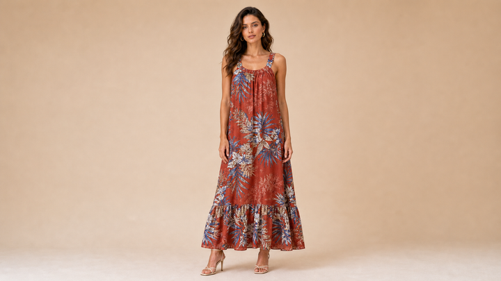 Brick Red Printed Cami Maxi Dress Front View