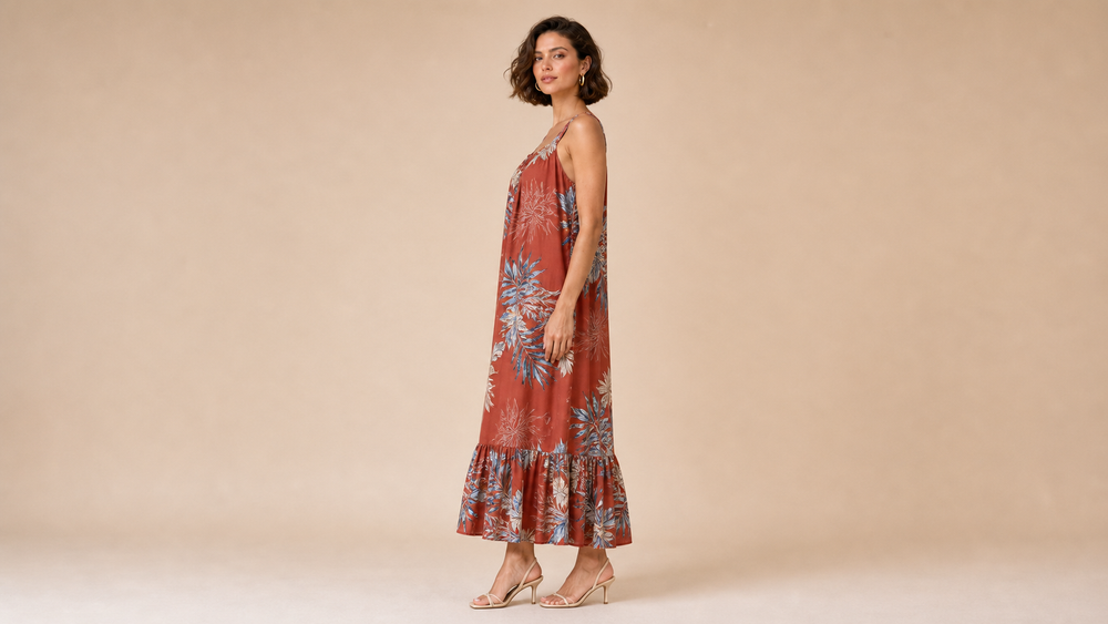 Brick Red Printed Cami Maxi Dress Side View