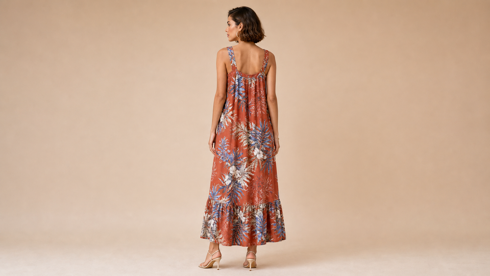 Brick Red Printed Cami Maxi Dress Back View