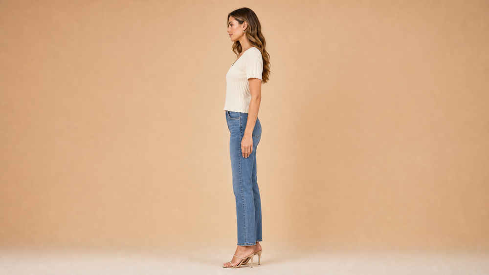 Cream V-Neck Ribbed Knit Short Sleeve Top Side View