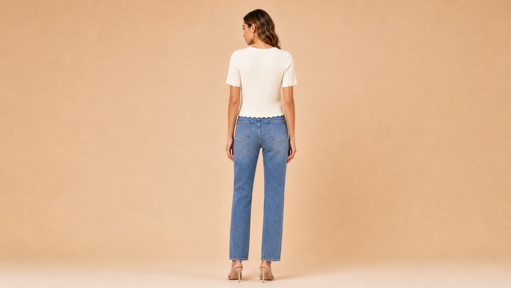 Cream V-Neck Ribbed Knit Short Sleeve Top Back View