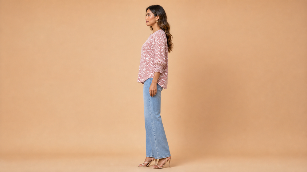 Pink White Dot Relaxed Three Quarter Sleeve Shirt Side View