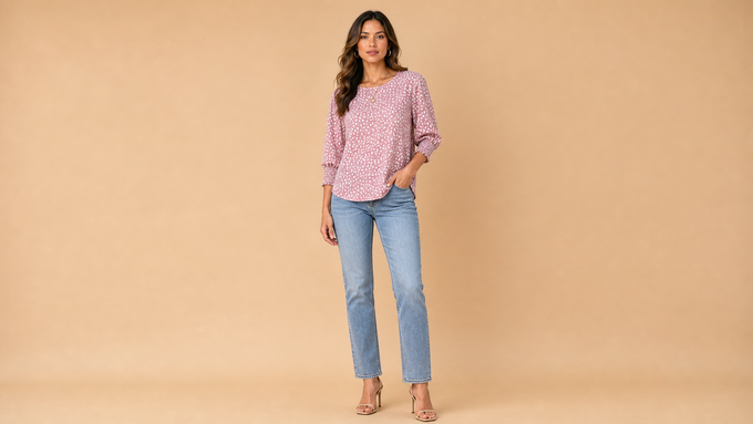Pink White Dot Relaxed Three Quarter Sleeve Shirt Front View